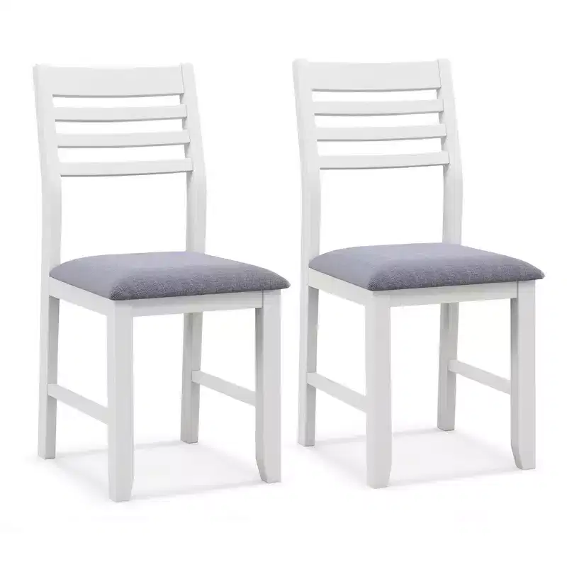 Costway Wooden Dining Chair Set of 2 Kitchen Side Chairs w/ Rubber Wood Frame Ladder Back White