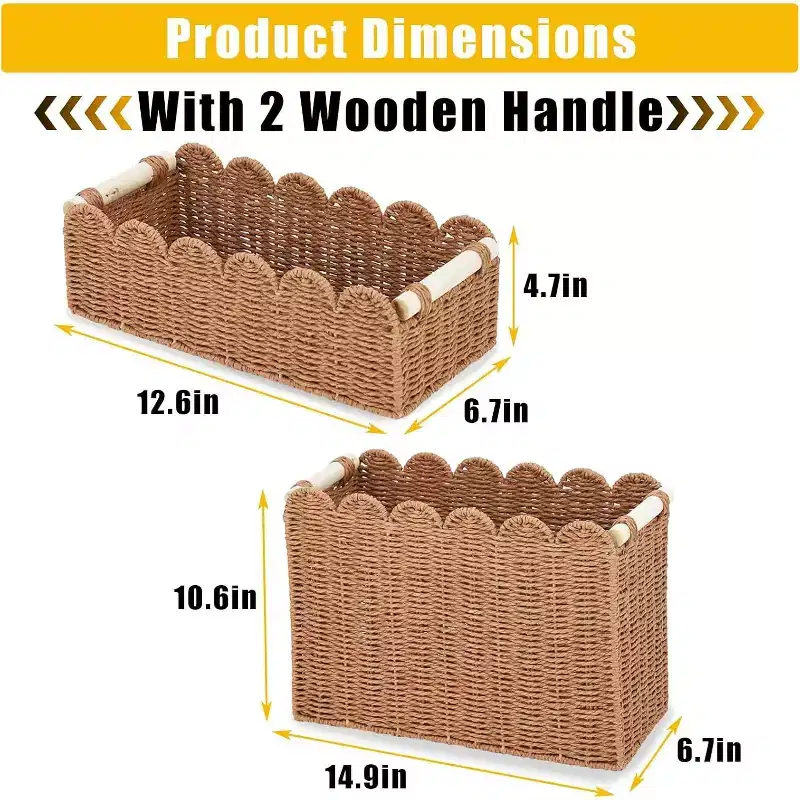 2-Pack Scalloped Wicker Baskets, Paper Rope Storage Bins with Handles for Toilet Paper Bathroom Shelves Countertop Organization, Small+Large