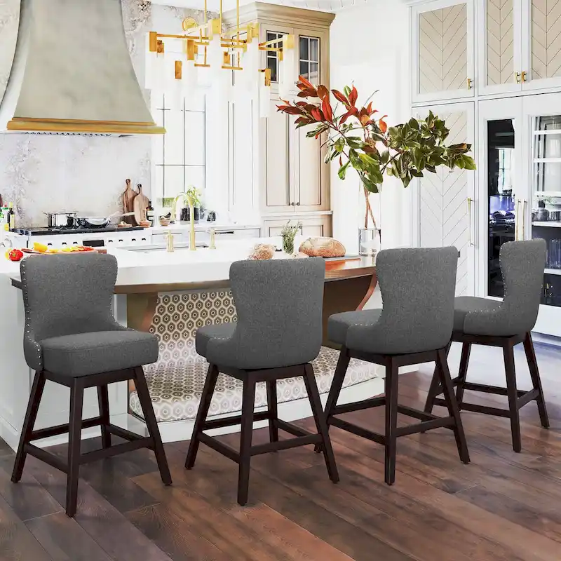 LUE BONA 26 in. Mid-Century Modern Wood Frame Swivel Bar Stools with Faux Leather and Linen Upholstered SeatSet of 4