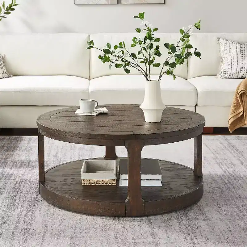 Modern 40 Round Coffee Table with Concealed Wheels, 2-Tier Center Table for Living Room, Office, or Apartment - Panipeachy