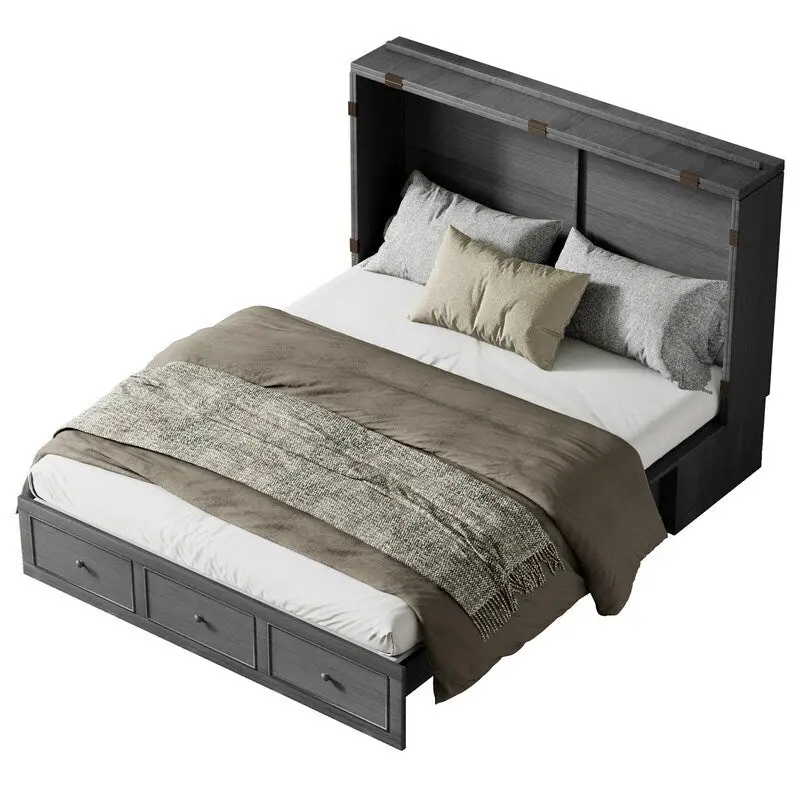 Murphy Bed with Foldable Mattress, Modern Cube Cabinet Bed with Storage Drawer & USB Charging Station