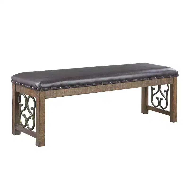 56" Raphaela Ottomans and Benches Black Synthetic Leather and Weathered Cherry Finish: Nailhead Trim, Metal Legs