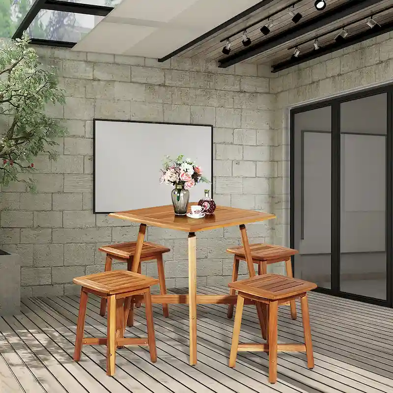 Costway 5PCS Acacia Patio Dining Set W/Square Table & 4 Stools Reddish