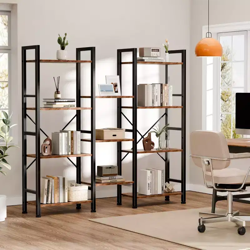 Qwatto Brown Triple 4 Tier Bookshelf 11 Open Display Shelves Wood Metal Storage Organizer Industrial Wide Shelving Unit Home Office Etagere Bookcase
