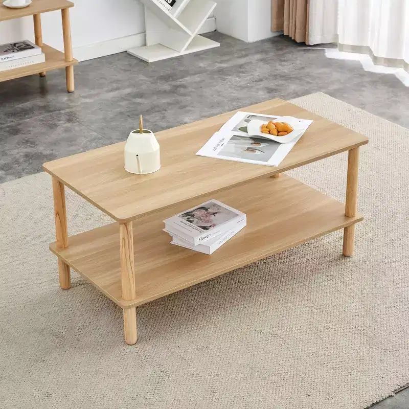 Modern 2-Tier Coffee Table for Living Room Furniture,Rectangular Center Table with Open Storage Shelf,Rounded Rubberwood legs