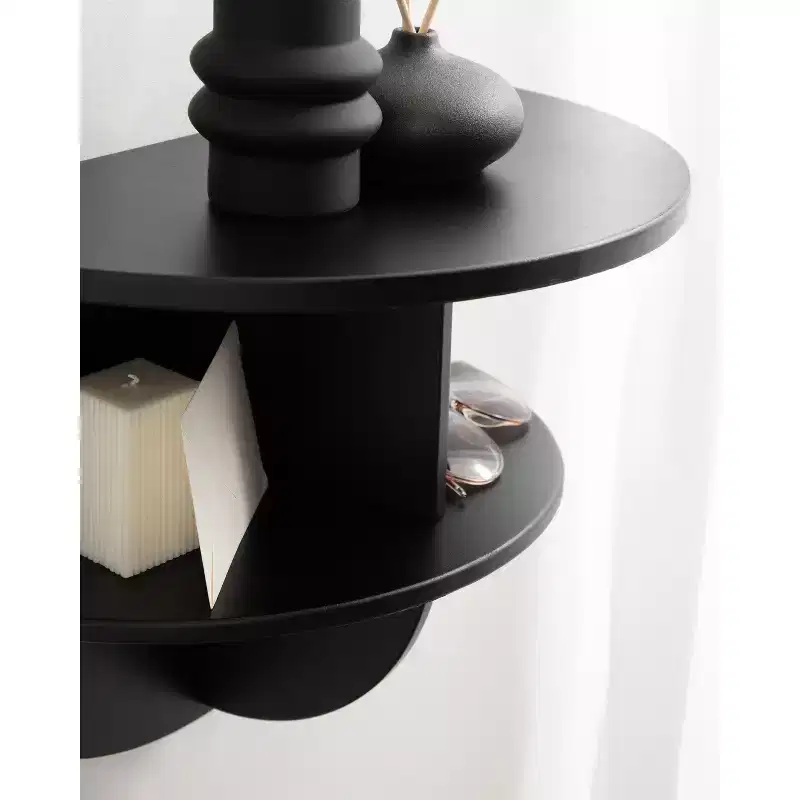Half Circle Wood Floating Side Table – 18x14, Black, Built-In Shelves, Space-Saving
