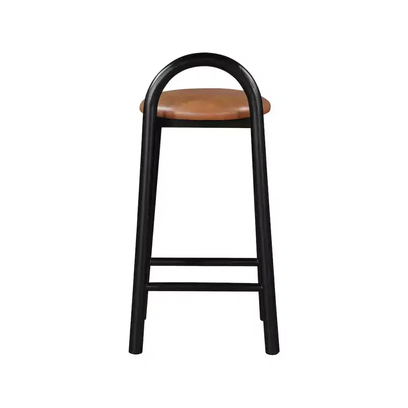 Cognac Faux Leather Counter Stool, Low Back, Black Wood Frame, Seats 1