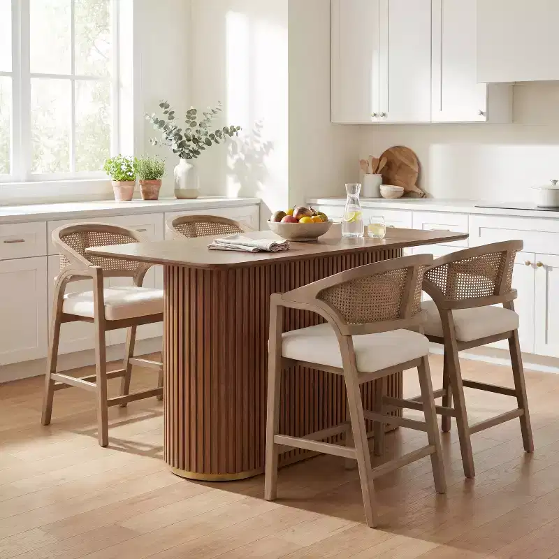 Christopher Knight Home Mirae Mid-Century Modern 5 Piece Rubberwood Rattan Counter Stools with Fluted Counter Table