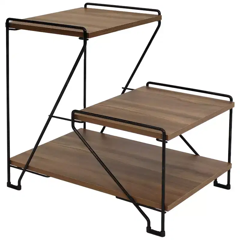 Sunnydaze 3-Tiered Steel Wire Indoor Accent Table with Faux Woodgrain Tabletops - 21 H - Brown
