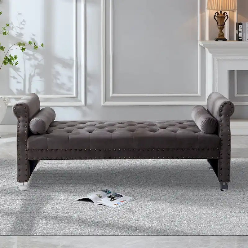 Luxury Tufted Velvet Extra Long Bed Bench with Nailhead Trim & Bolster Pillows