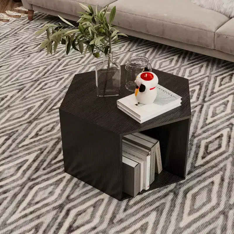 Okak 23.6 Hexagonal Coffee Table Stackable Wood Side Table with Open Storage Multifunctional Nightstand for Living Room Bedroom Home Office