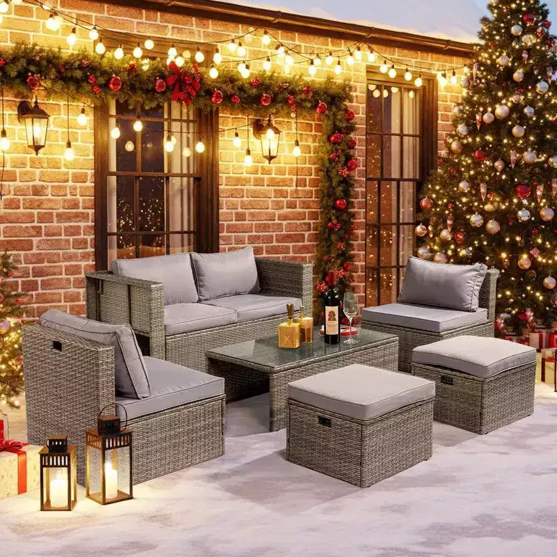 Karl Home Patio 6-Piece Grey Wicker Conversation Set with Grey Cushions