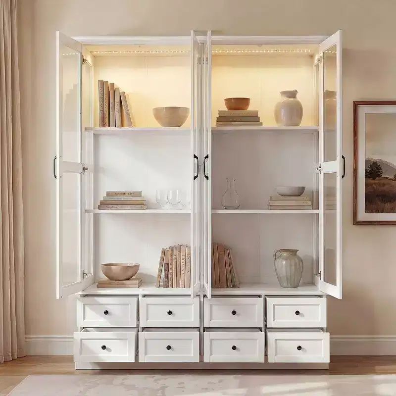 White Display Cabinet Bookcase with RGB LED Lighting, Drawers & Glass Doors