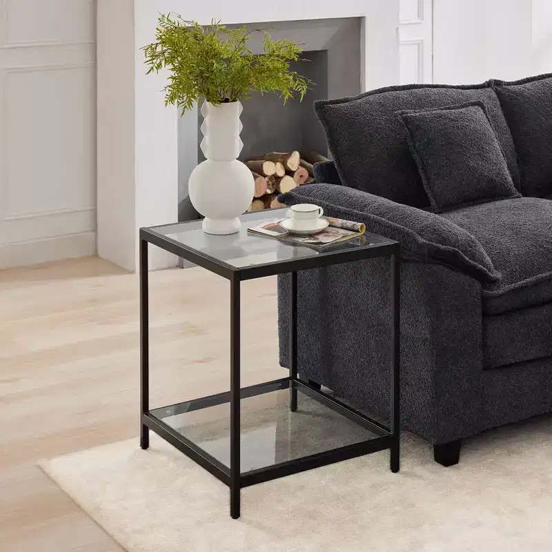 20 in. Square 2-Tier Tempered Glass End Table, Side Accent Table with Metal Frame for Living Room or Bedroom