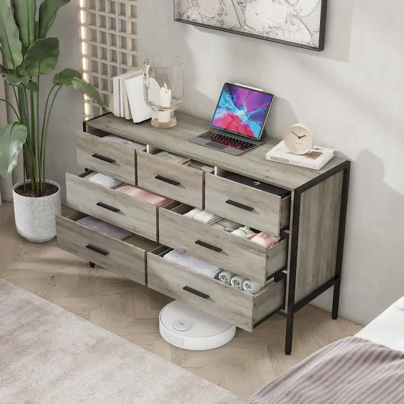 7-Drawer Horizontal Dresser, MDF Storage Cabinet for Bedroom with Sturdy Steel Frame