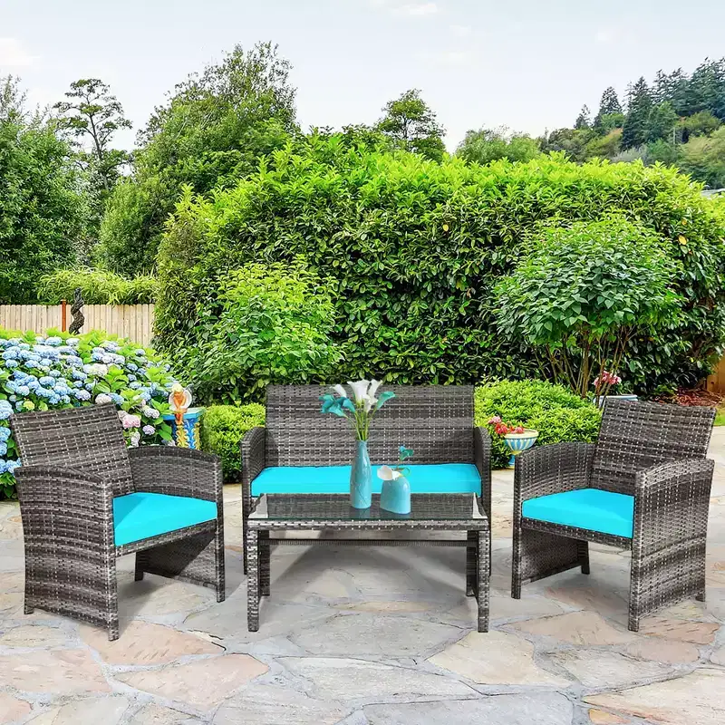 Costway 4PCS Patio Rattan Furniture Set Conversation Glass Table Top Cushioned
