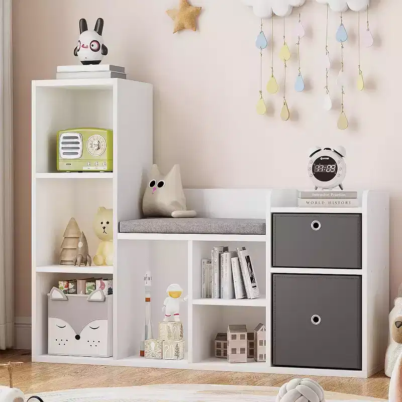 Kids Bookshelf, Dollhouse Bookcase, Reading Nook with Seat, 6-Cubby Kids Cabinet Storage Organizer with Drawers for Playroom Bedroom