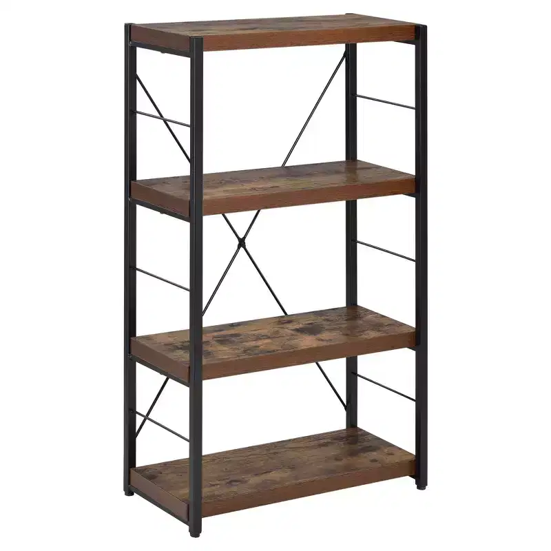 Acme Furniture 43 Decorative Bookshelf Oak: Scandinavian Style, Metal Frame, Open Back, 4-Tier Storage