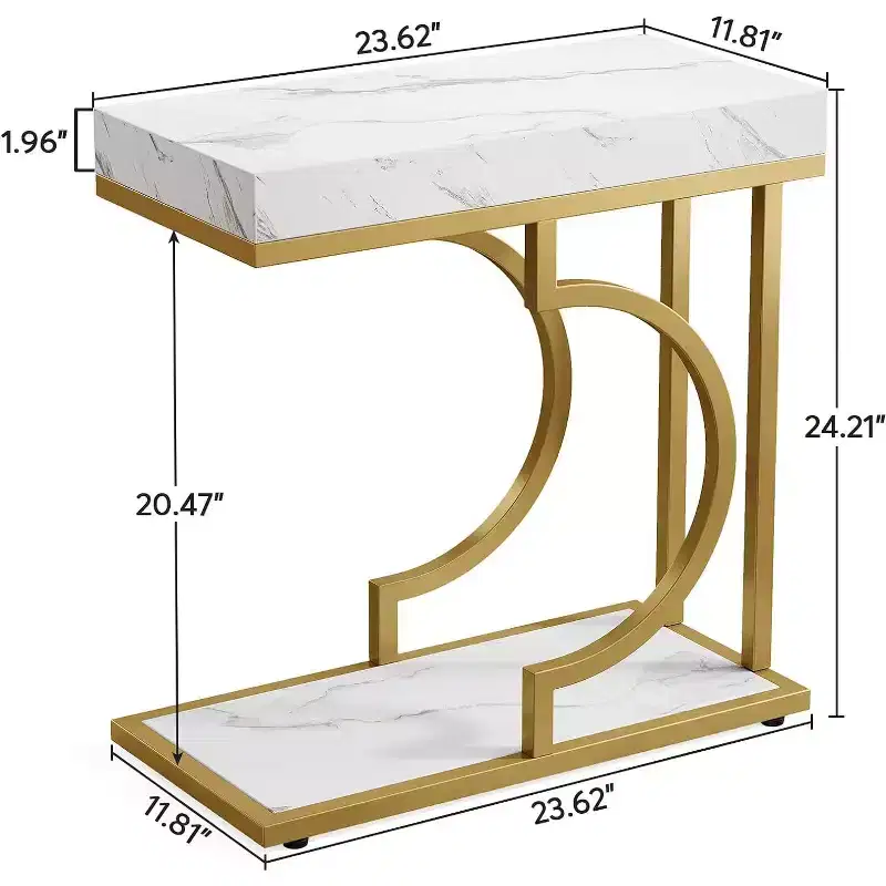 Lantine Narrow C-Shaped Side Table, White and Gold Modern Bedside and Chairside Table with Metal Frame for Living Room, Couch, Sofa