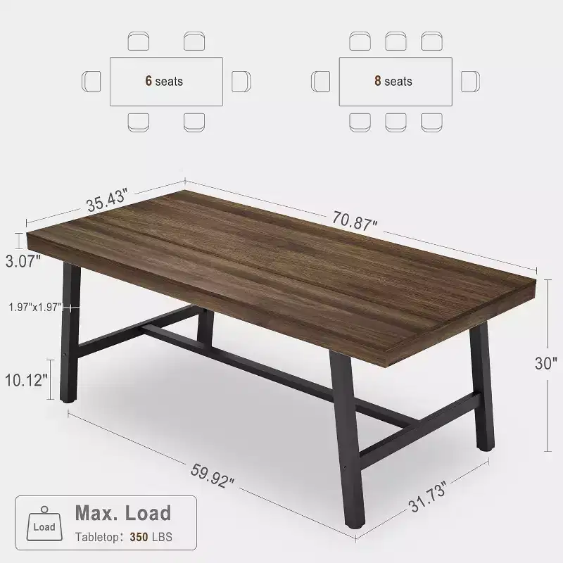 Rustic Wood Dining Table for 6-8 People, Black Metal Legs, Industrial Rectangle, 70.87