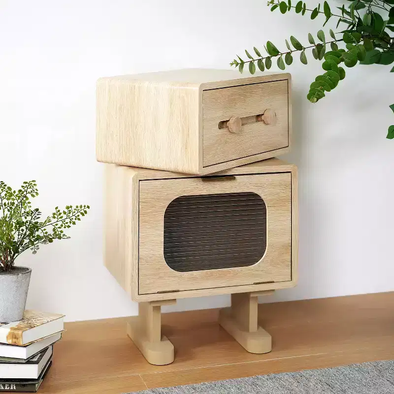 Robot-Style Swivel Side Table with Storage, Natural Finish