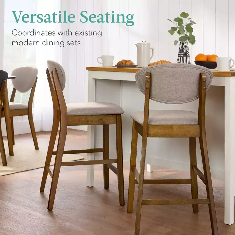 2-Piece Mid-Century Modern Wood and Upholstered Counter Height Bar Stool Set