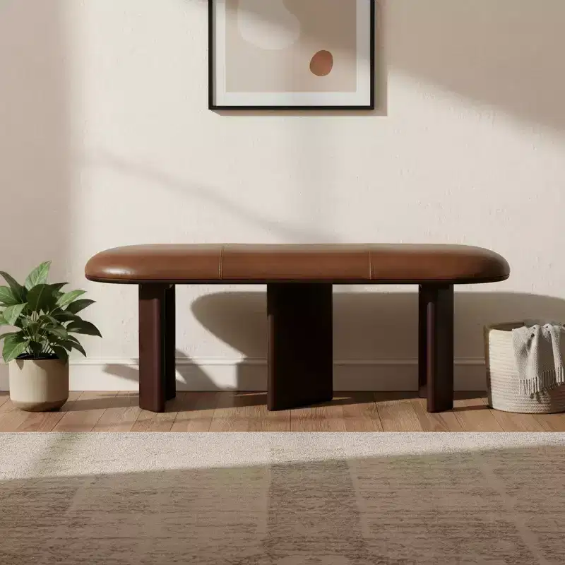 48 inch Brown Genuine Leather and Solid Wood Upholstered Bench