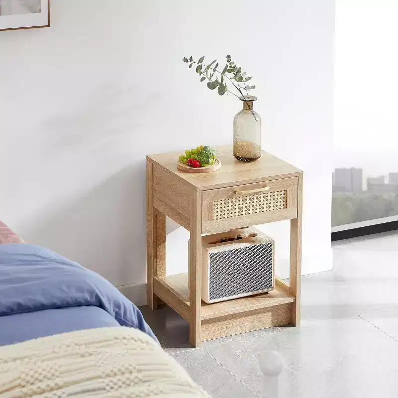 Rattan Nightstand with Lift-Top & Open Storage - Mid Century Modern End Table