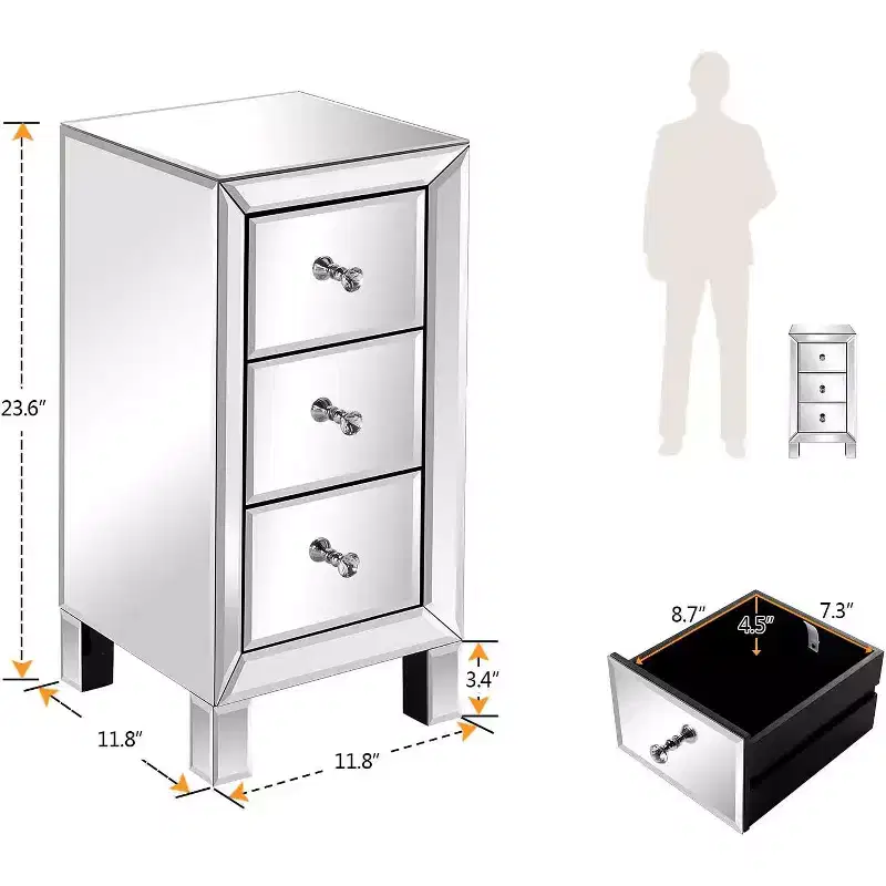 Bonnlo 3-Drawer Mirrored Nightstand End Table Bedside Table for Bedroom, Living Room, Silver, 11.7 L x 11.8 W x 23.8 H