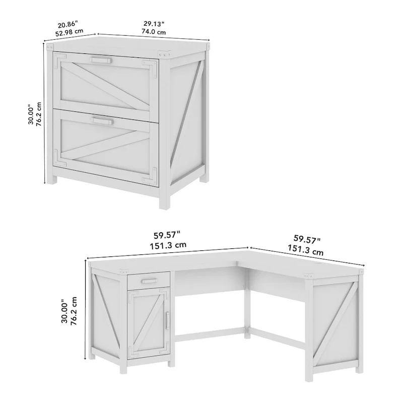 L-Shaped Corner Desk with 2-Drawer File Cabinet – Restored Gray / Reclaimed Pine / Cottage White