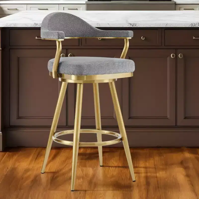 HomeRoots 26 Gray and Gold Fabric and Stainless Steel Counter Height Swivel Bar Chair