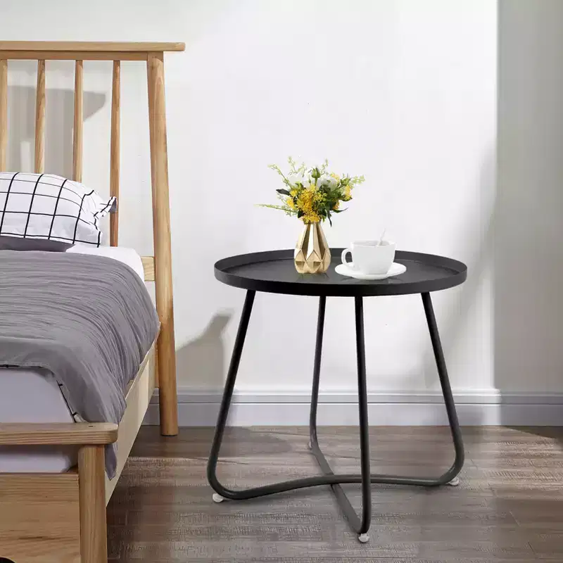 Round Metal Outdoor Side Table, End Table with X-Shaped Anti-Rust Frame and Non-Slip Tabletop