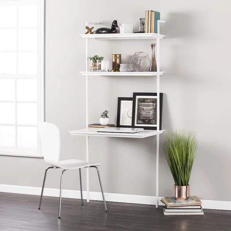 Wall Mount Floating Desk with Open Shelves – White, Space-Saving Home Office