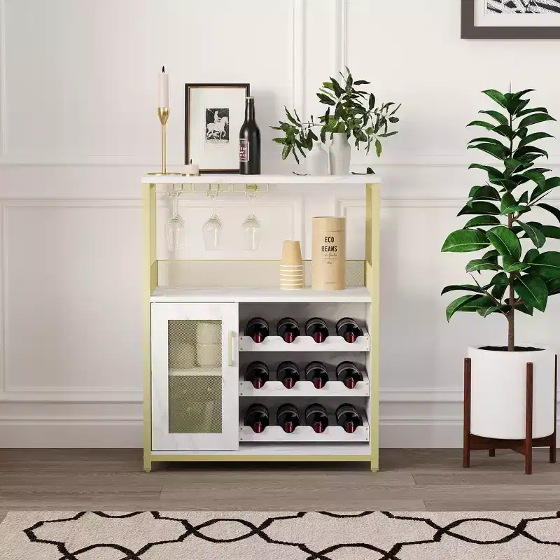 Gold Industrial Wine Bar Cabinet C 12-Bottle Storage with Removable Glass Holder C Sideboard for Living Room, Kitchen & Dining Room
