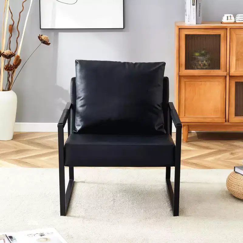 Classic PU Leather Sofa Chair,Upholstered Lounge Armchair with Black Metal Frame,Modern Ergonomic Accent Chair for Living Room,Office