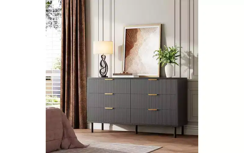 GustoWave Fluted 6 Drawer Dresser,Chest of Drawers with Metal Handles and Legs,Wooden Dresser TV Stand,Clothes Storage Cabinet Organize