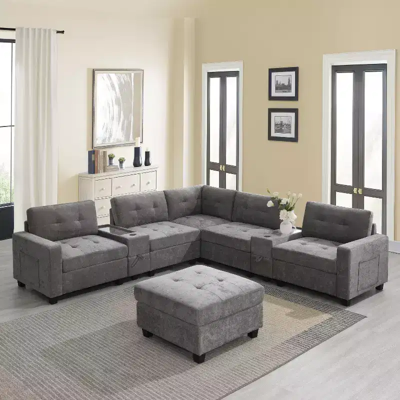 Whisen Chenille U-shaped Sectional Sofa with 2 Consoles, USB Charger, Storage Drawers and Pockets and Movable Ottoman