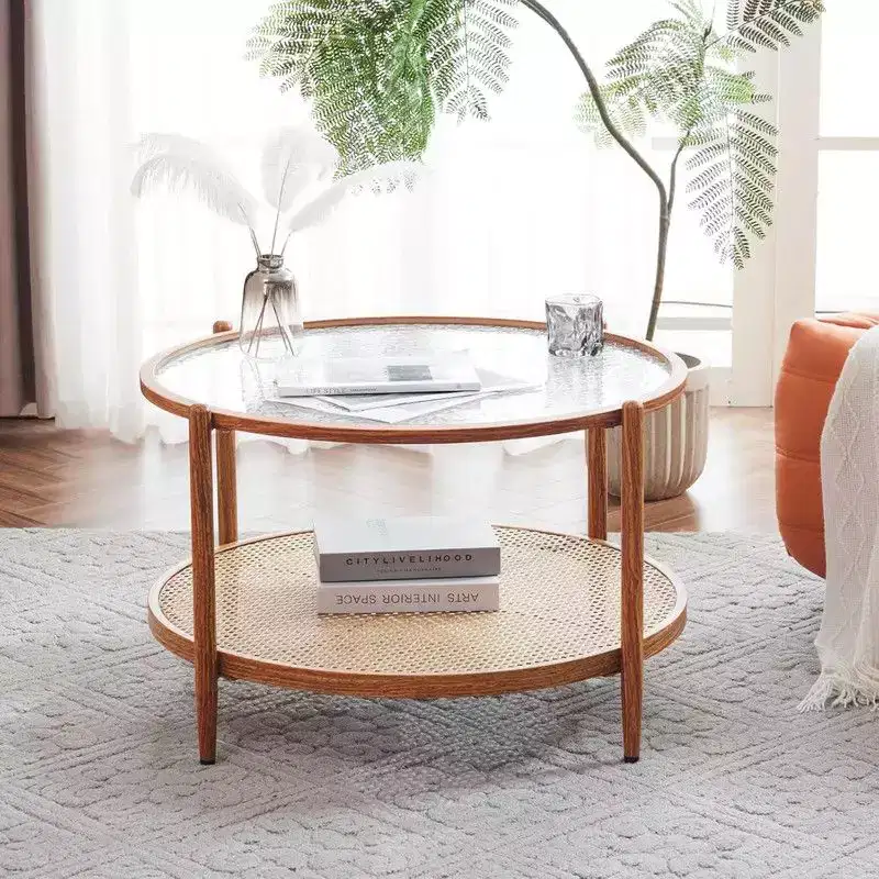 Double-Layered Round Water Ripple Glass and PE Rattan Tabletop Matched with Heat Transfer Wood Grain Iron Frame Coffee Table
