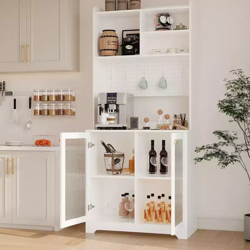 71 Tall Pantry Cabinet with 2 Glass Doors, Freestanding Kitchen Storage Cabinet with Open Storage & Adjustable Shelves,Farmhouse Cupboard Coffee Bar
