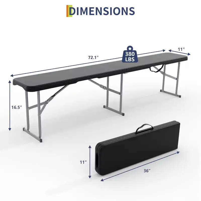 6 FT Folding Bench, Plastic Portable Folding Bench Seat, Collapsible HDPE Seating with Carry Handle, for Picnic, Camping, Garden