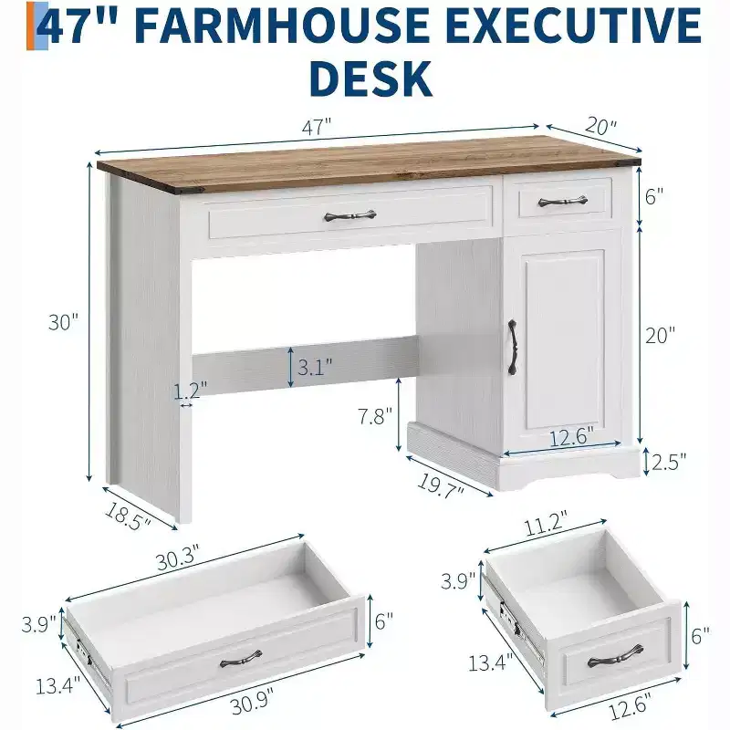 47 Farmhouse Executive Desk with Storage Drawers & Hutch - White Rustic Computer Desk for Home Office