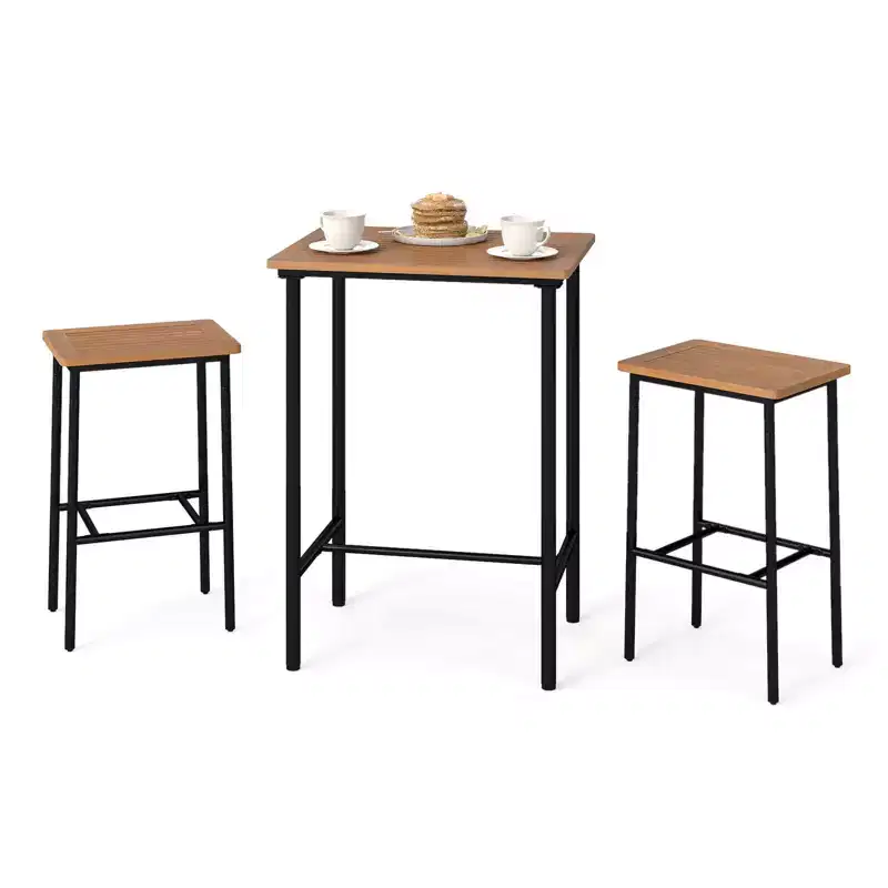 Costway 3 PCS Acacia Wood Patio Bar Set, Outdoor Bar Height with Metal Frame for Balcony
