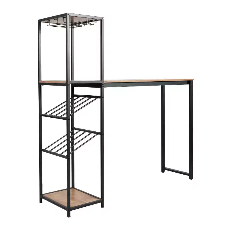 Merrick Lane Metal Bar and Wine Table with Bottle Storage and Hanging Stemware Holders