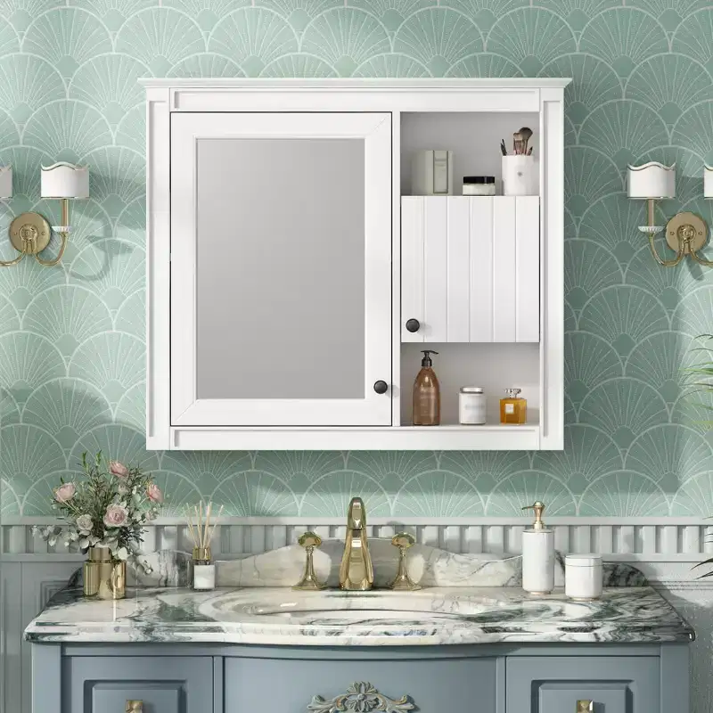 White Wall-Mounted Bathroom Mirror Cabinet, 2-Door, 1–2 Person Use
