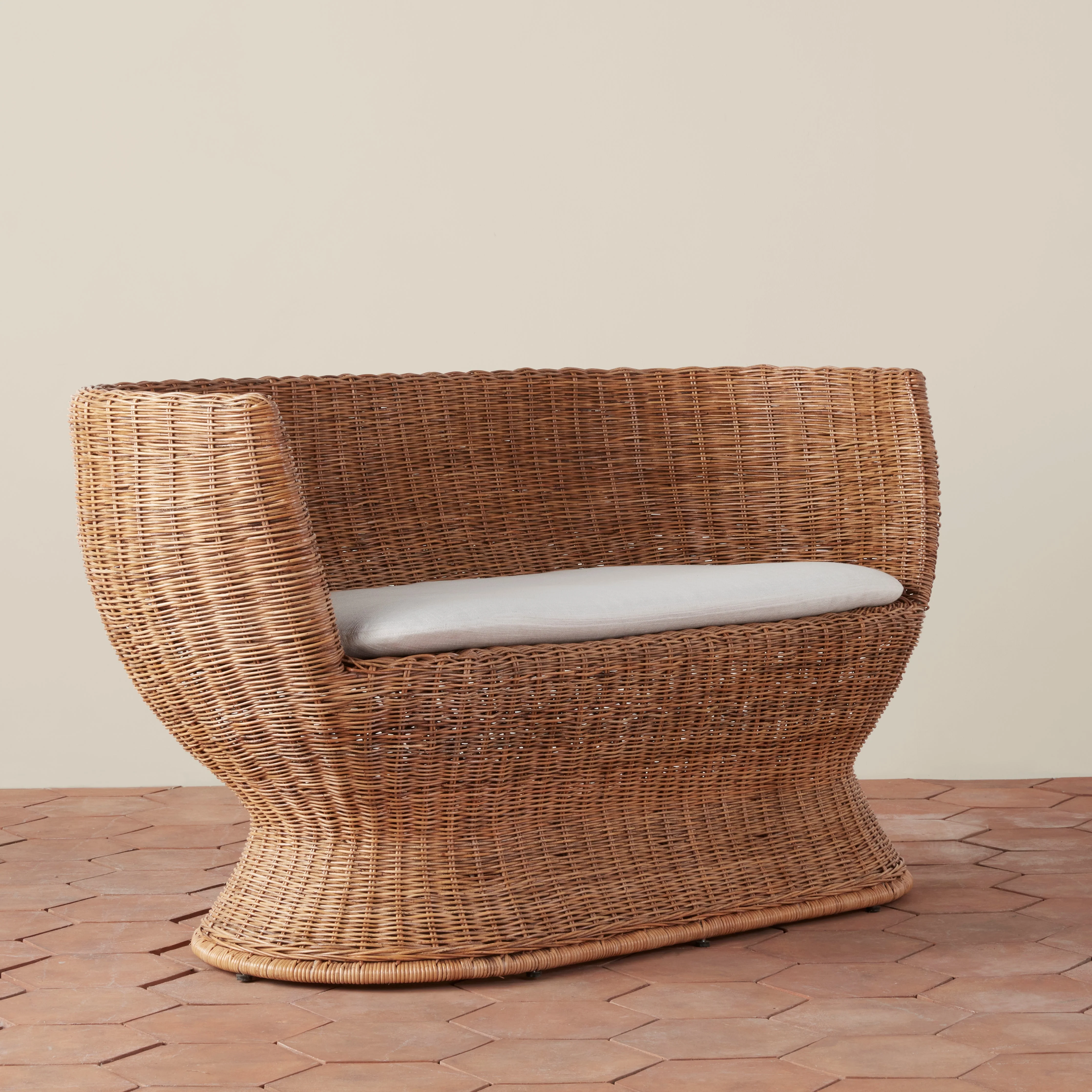 Vintage-Inspired Sustainably Harvested Rattan & Belgian Linen Settee with Statement Woven Frame for Living Room or Patio