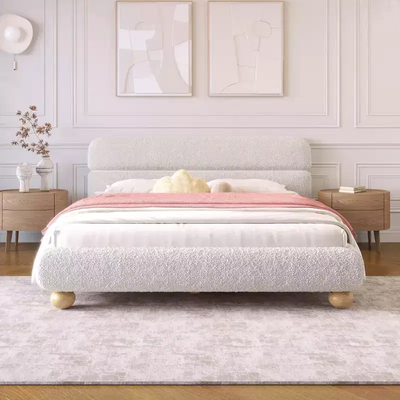 GDFStudio Philemon Contemporary Low Profile Upholstered Queen Size Bed with Teddy Fleece Fabric and Wood Legs