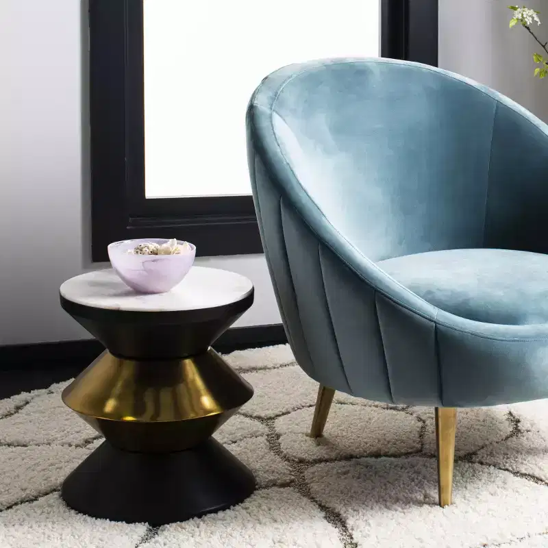 Round Stone Top Side Table with Black & Gold Hourglass Base, Modern Sculpture Accent