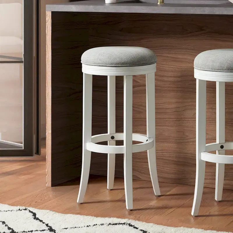 Avery White Wood Backless Swivel Bar Stool, Gray Fabric Seat