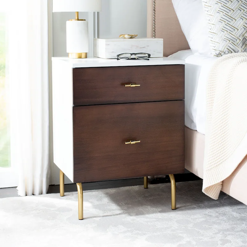 Walnut & White 2-Drawer Nightstand with Gold Pulls