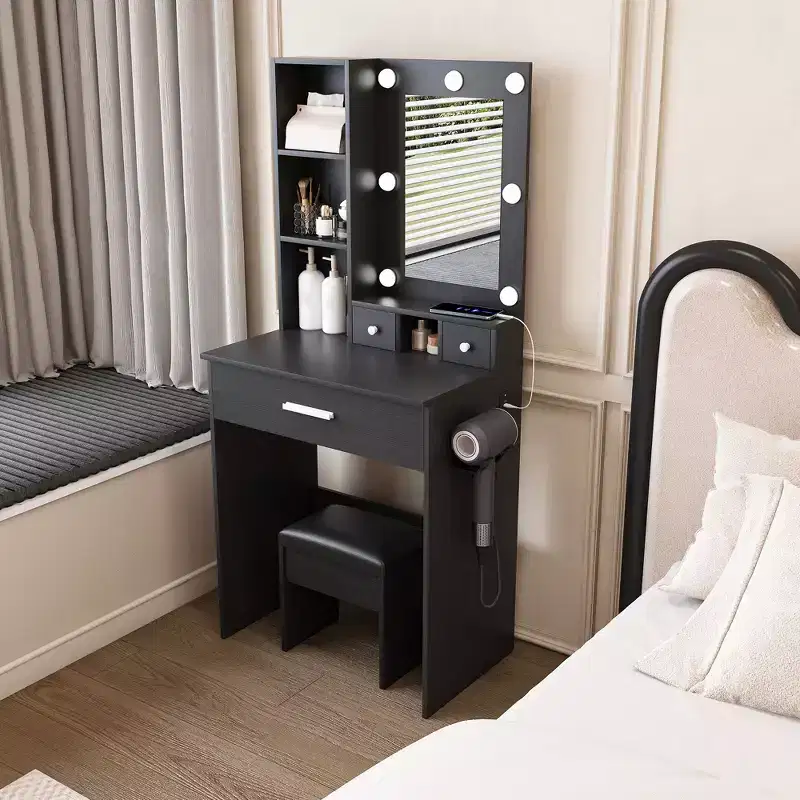 Okak Modern Vanity Table with Mirror & Adjustable LED Lights,Storage Dressing Desk with Power Outlet & Stool,Makeup Table for Small Bedrooms
